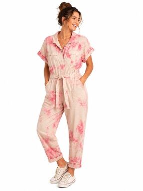 Universal Thread Pink Tie Dye Utility Boilersuit Button Front Jumpsuit Womens (a